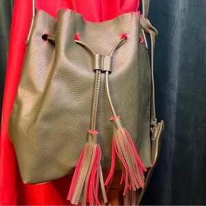 Pixie Mood Olive Green Bucket Bag with Pink Tassles